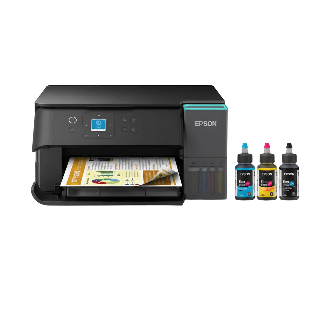 Impresora Epson multifuncional negra, vista frontal con cartuchos de tinta